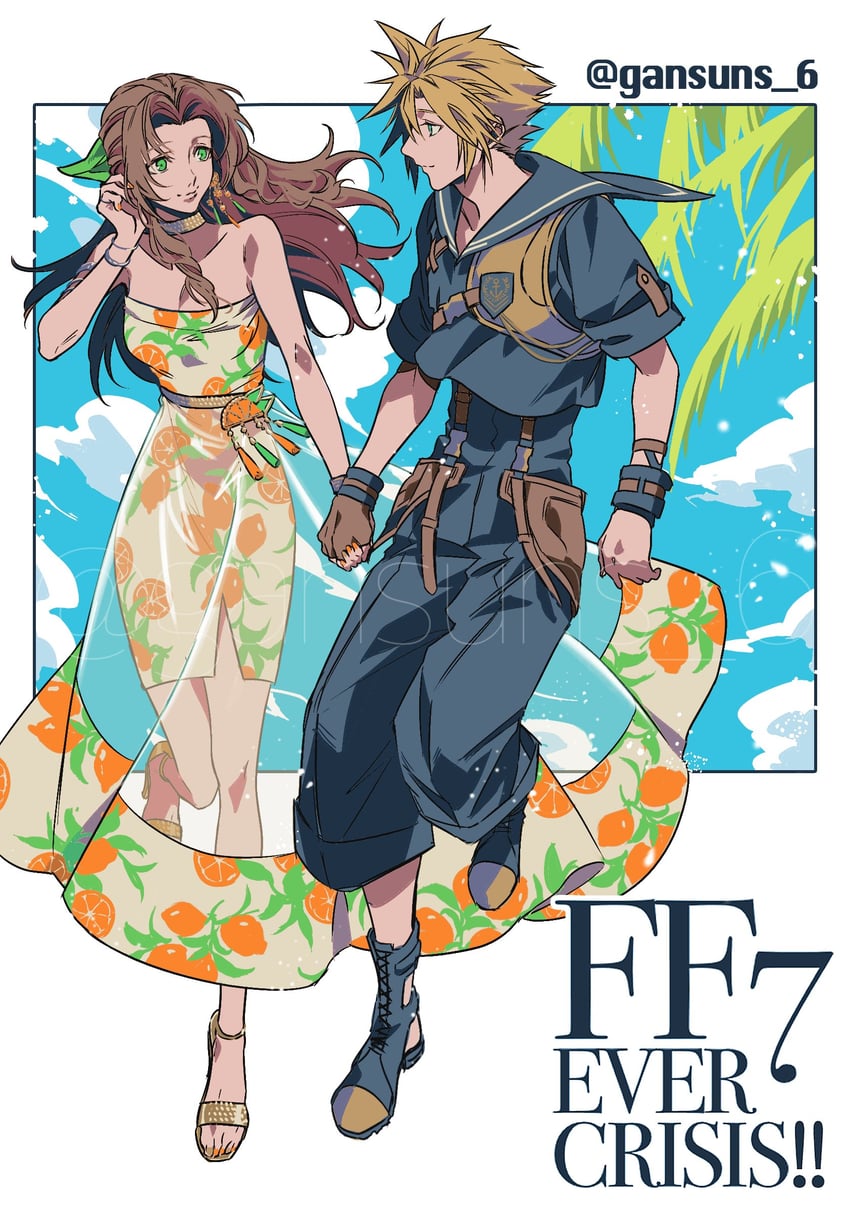cloud strife and aerith gainsborough (final fantasy and 2 more) drawn by roku_(gansuns)