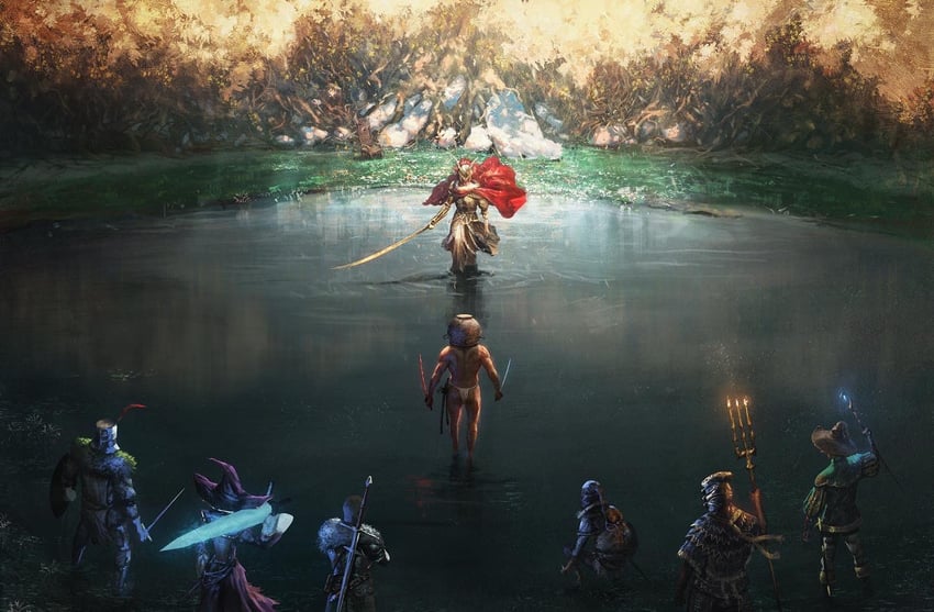 malenia blade of miquella, tarnished, solaire of astora, let me solo her, sorcerer rogier, and 3 more (elden ring and 3 more) drawn by javi_martinez