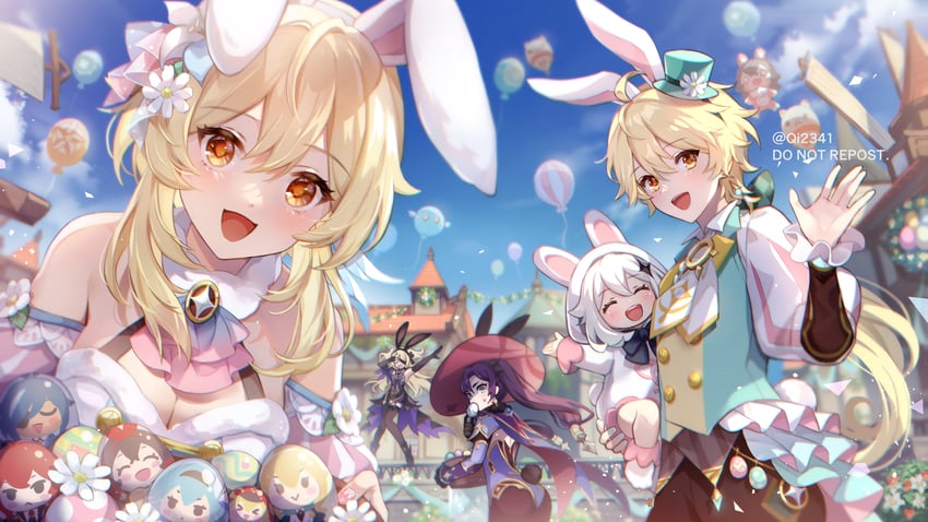 lumine, aether, mona, paimon, klee, and 9 more (genshin impact) drawn by qi2341