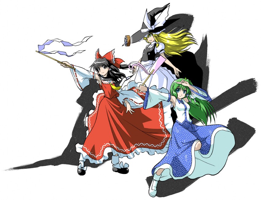 hakurei reimu, kirisame marisa, and kochiya sanae (touhou) drawn by iwatobi_hiro