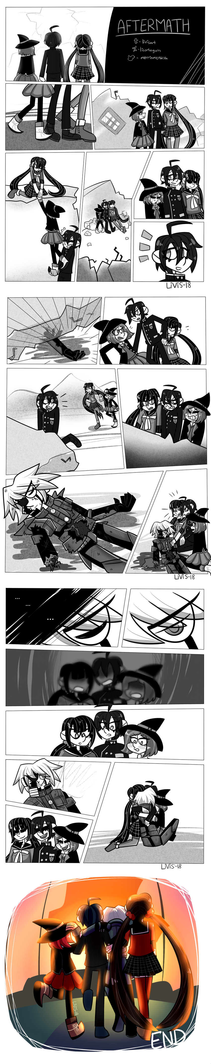 saihara shuichi, harukawa maki, yumeno himiko, and k1-b0 (danganronpa and 1 more) drawn by licoriceguts