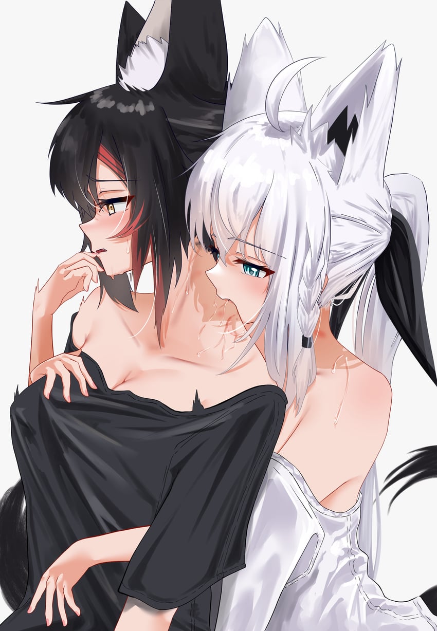 shirakami fubuki and ookami mio (hololive) drawn by tanishi_(hetianming11093)