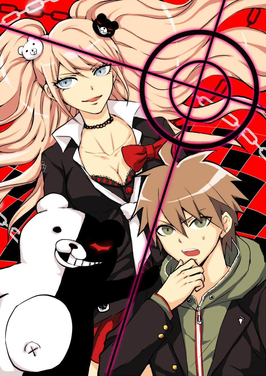 enoshima junko, monokuma, and naegi makoto (danganronpa and 1 more) drawn by rukall