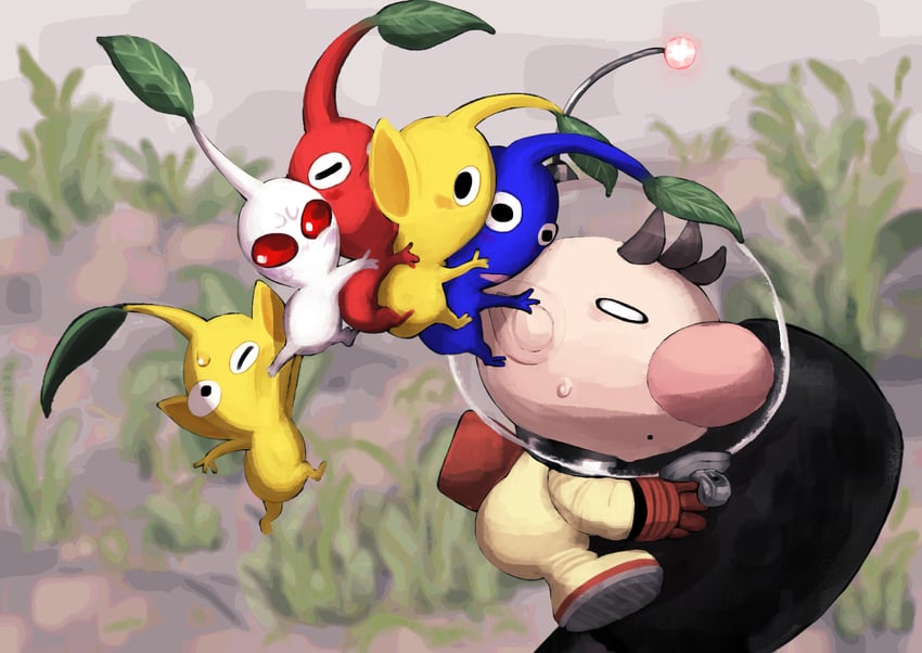 red pikmin, olimar, yellow pikmin, blue pikmin, and white pikmin (pikmin and 1 more) drawn by usuba_(hatomugip)