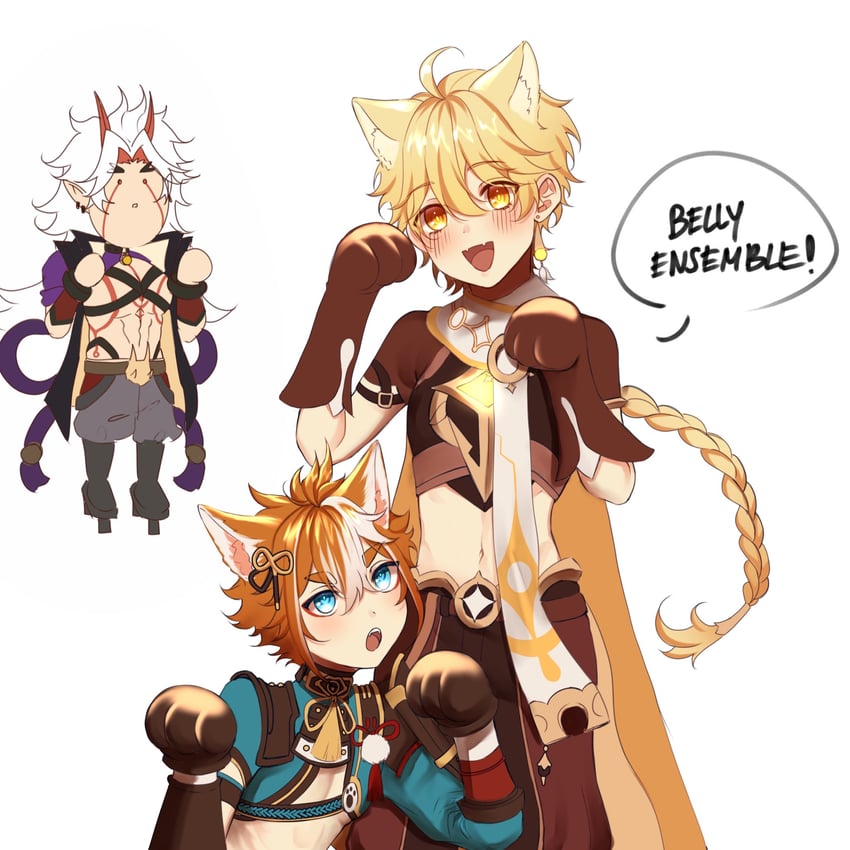 aether, arataki itto, and gorou (genshin impact) drawn by tonwwee