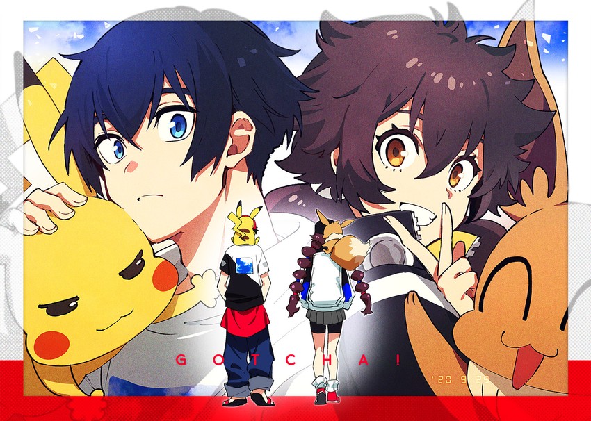 pikachu, eevee, gotcha! girl, and gotcha! boy (pokemon and 1 more) drawn by arisaka_ako