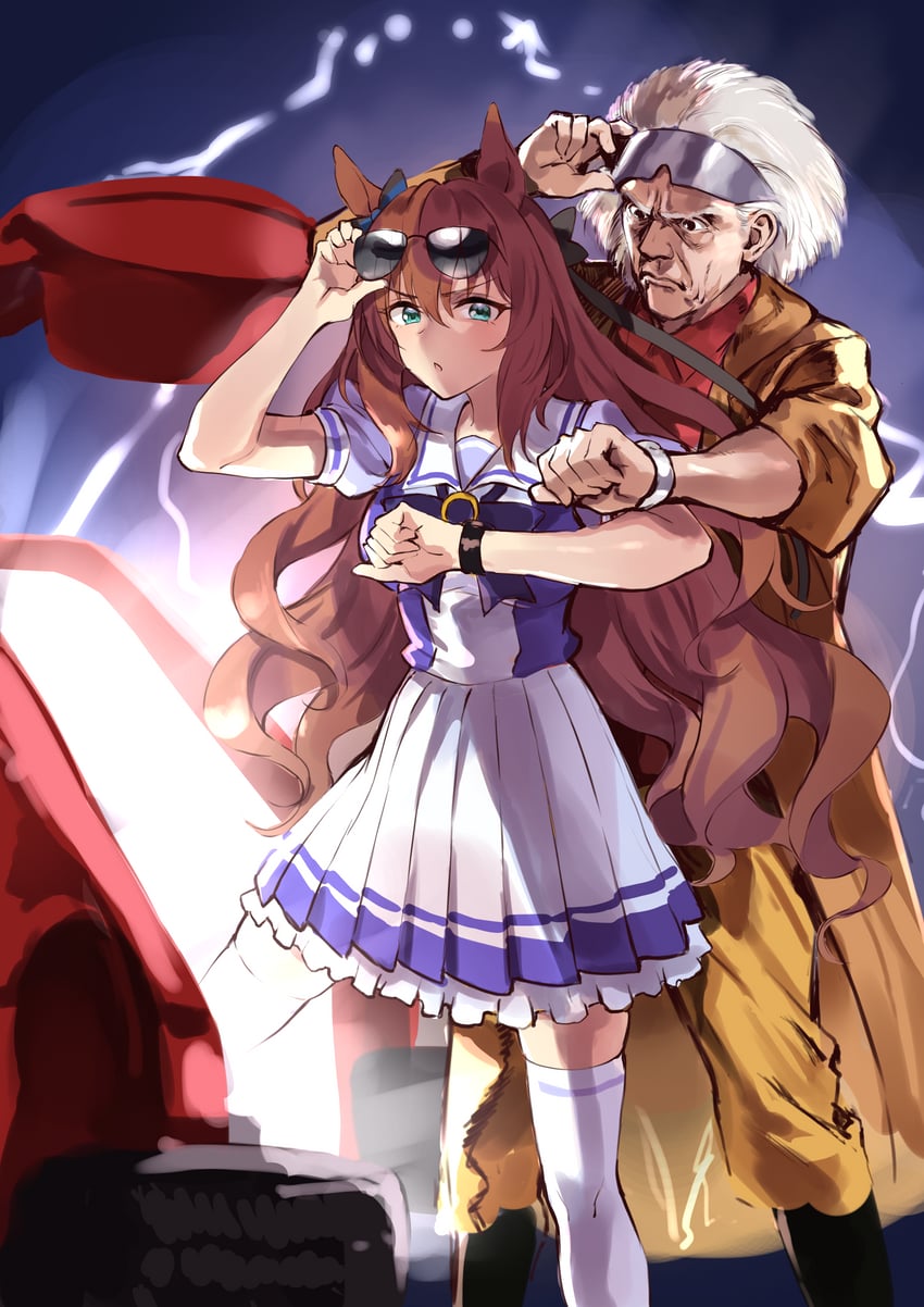 maruzensky, emmett brown, and christopher lloyd (umamusume and 2 more) drawn by motsunabe_(mo2nap3)