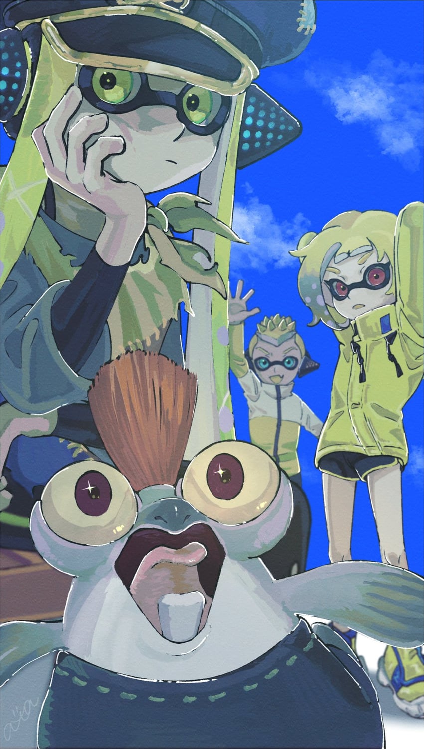 inkling player character, inkling girl, inkling boy, agent 3, and smallfry (splatoon and 1 more) drawn by qzcewaxd