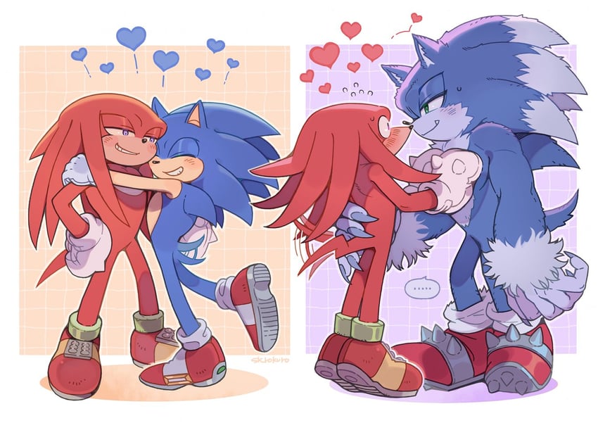 sonic the hedgehog, knuckles the echidna, and sonic the werehog (sonic and 1 more) drawn by sk_rokuro