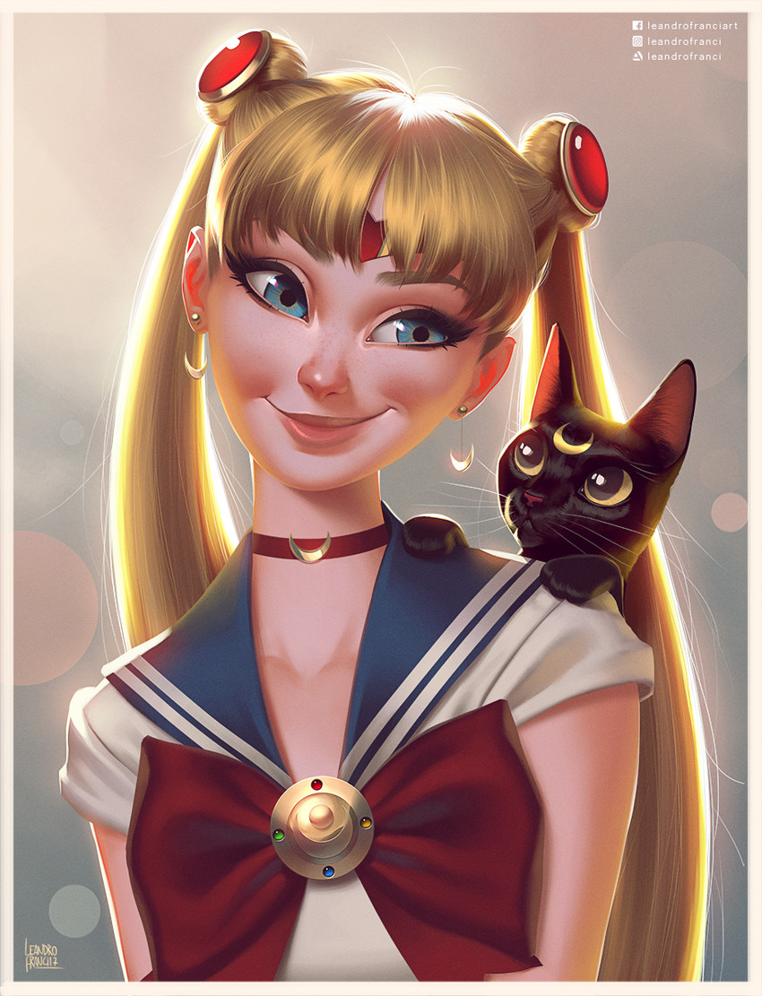 tsukino usagi, sailor moon, and luna (bishoujo senshi sailor moon) drawn by leandro_franci