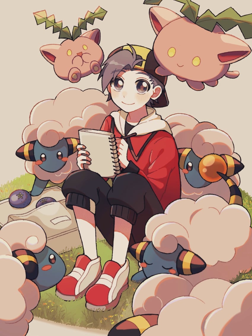 ethan, hoppip, and mareep (pokemon and 1 more) drawn by mikakami1e