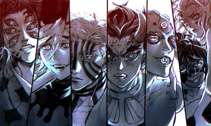 daki, douma, akaza, gyuutarou, kokushibou, and 2 more (kimetsu no yaiba) drawn by chiruchiru