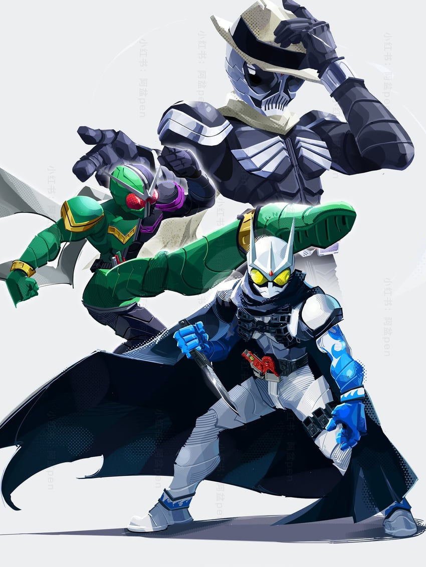 kamen rider double, kamen rider skull, and kamen rider eternal (kamen rider and 1 more) drawn by penpenhuihui