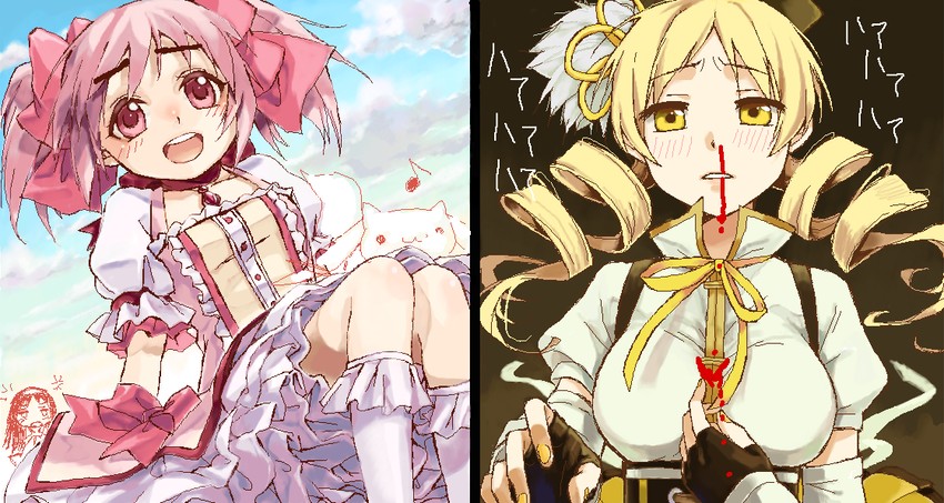 akemi homura, kaname madoka, tomoe mami, and kyubey (mahou shoujo madoka magica) drawn by kyou_(nodobotokemax)