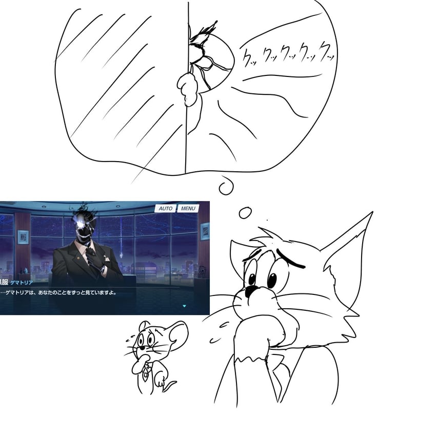 sensei, black suit, tom, and jerry (blue archive and 1 more) drawn by fj_roman