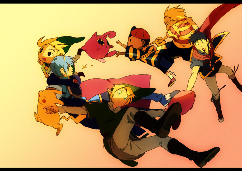 link, pikachu, ike, jigglypuff, marth, and 3 more (pokemon and 10 more) drawn by uichi