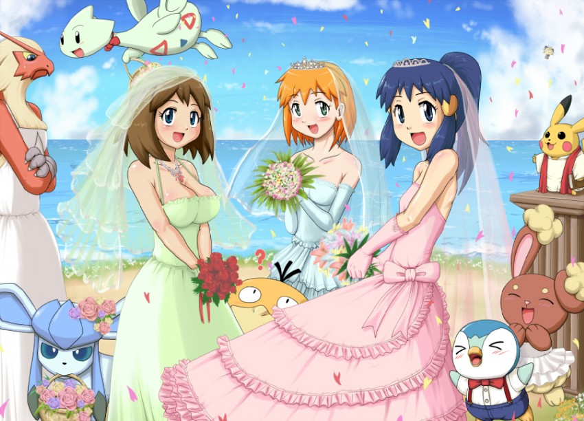 pikachu, dawn, may, misty, piplup, and 6 more (pokemon) drawn by gouguru
