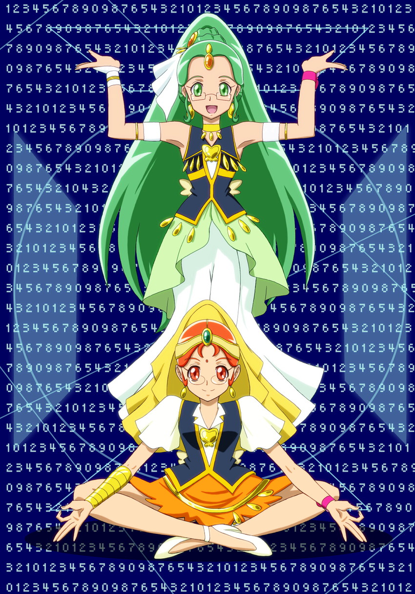 green haired cure and orange haired cure (precure and 1 more) drawn by moritakusan