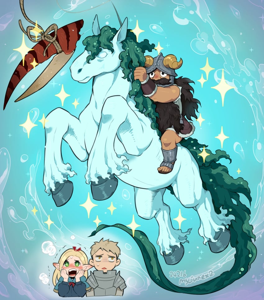 marcille donato, laios touden, and senshi (dungeon meshi) drawn by wooni