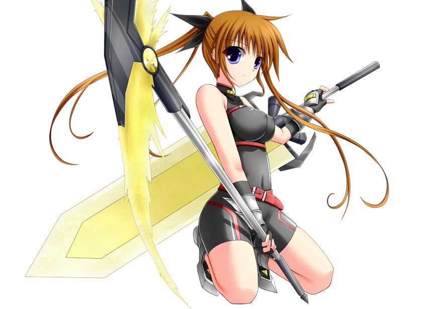 fate testarossa, takamachi nanoha, and bardiche (lyrical nanoha and 1 more) drawn by shouyan