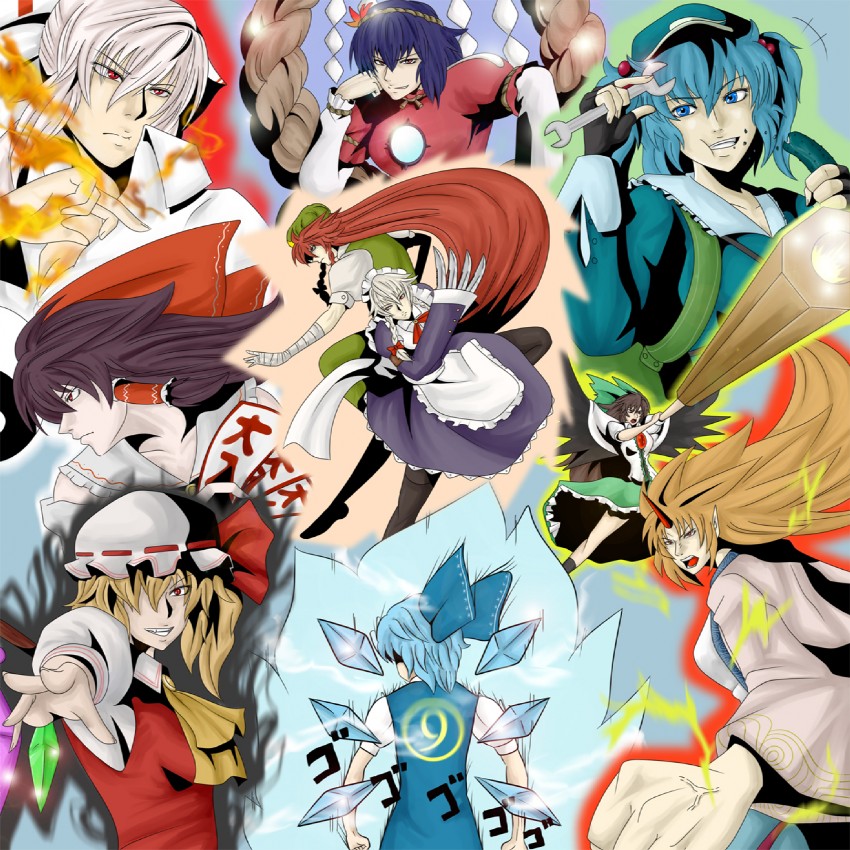 hakurei reimu, flandre scarlet, izayoi sakuya, cirno, fujiwara no mokou, and 5 more (touhou) drawn by versapro
