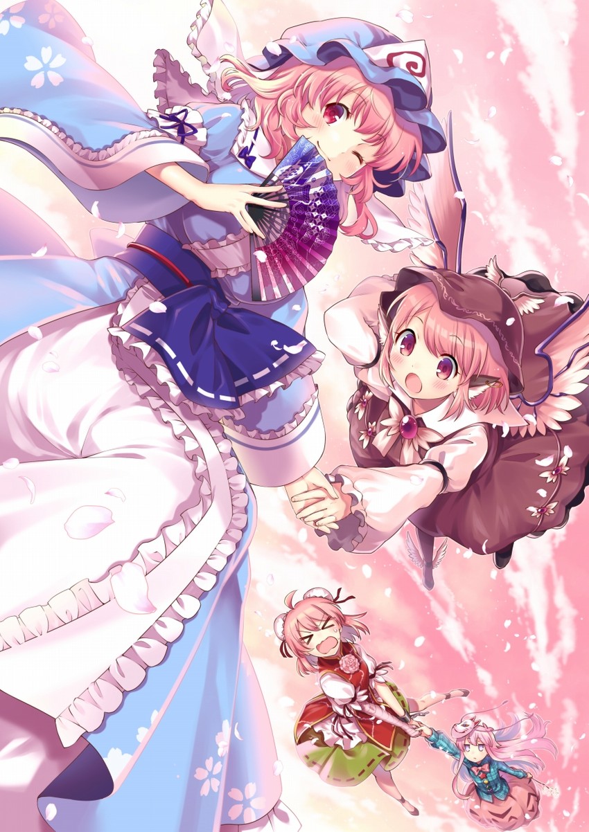 saigyouji yuyuko, mystia lorelei, hata no kokoro, and ibaraki kasen (touhou) drawn by kapuchii