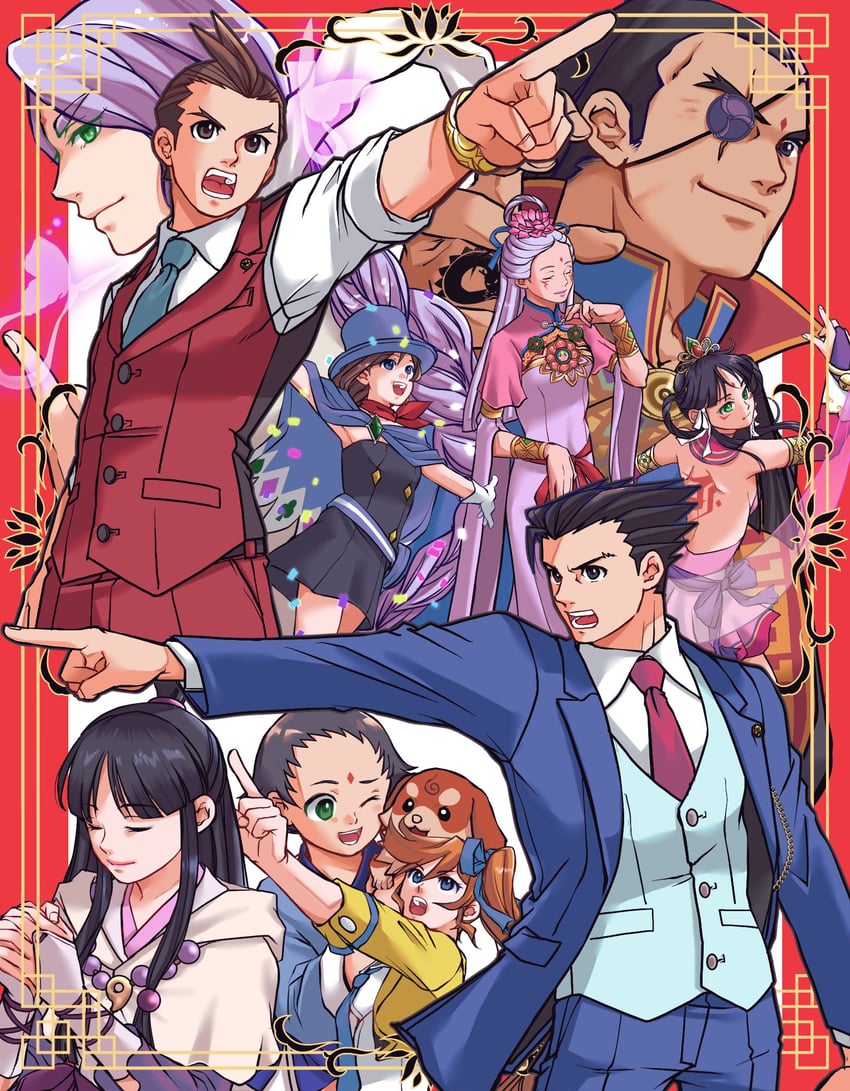 phoenix wright, maya fey, trucy wright, athena cykes, nahyuta sahdmadhi, and 5 more (ace attorney and 1 more) drawn by ragi_(od6fine)
