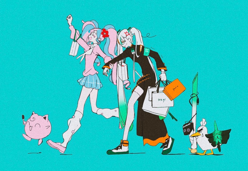 hatsune miku, jigglypuff, sirfetch'd, fairy miku, and fighting miku (pokemon and 2 more) drawn by mitsubachi_(roundbee)