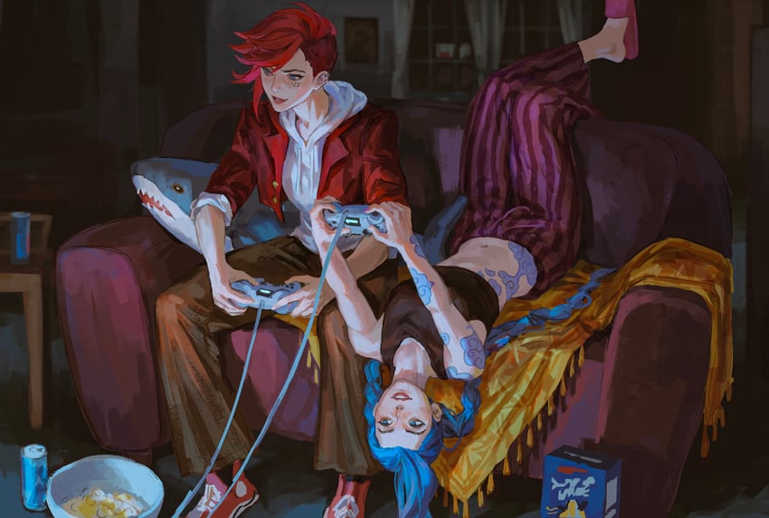 jinx, vi, arcane jinx, and arcane vi (league of legends and 1 more) drawn by niluhong