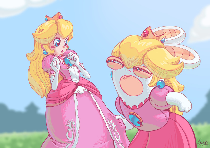 princess peach, rabbid, and rabbid peach (mario and 2 more) drawn by dylean