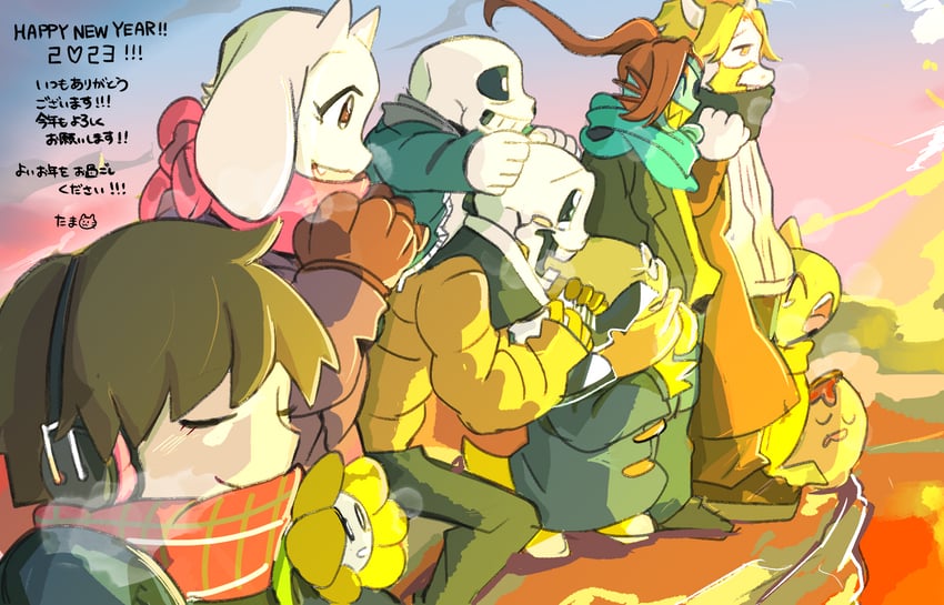 frisk, sans, papyrus, undyne, toriel, and 5 more (undertale) drawn by tama_(tamafuku08)