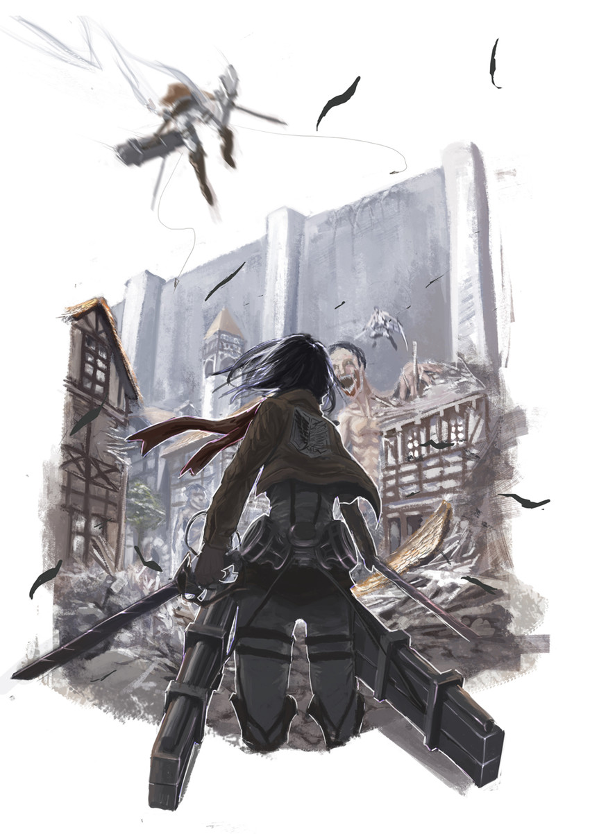 mikasa ackerman and titan (shingeki no kyojin) drawn by virus76