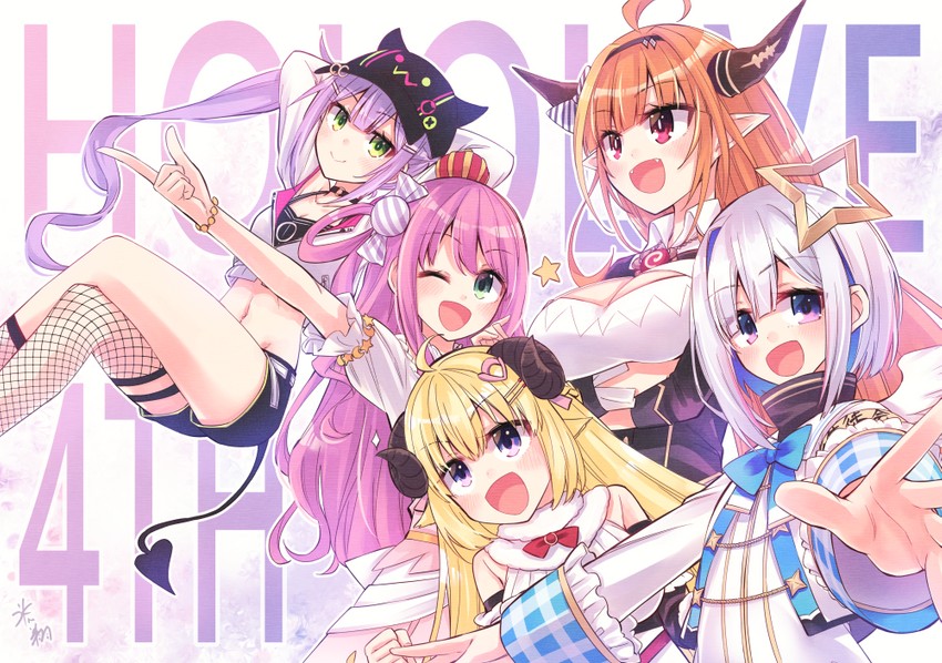 tokoyami towa, amane kanata, kiryu coco, tsunomaki watame, himemori luna, and 1 more (hololive) drawn by hikawa_shou