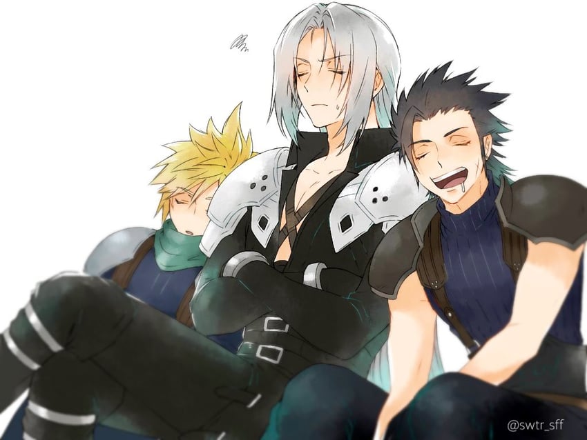 cloud strife, sephiroth, and zack fair (final fantasy and 2 more) drawn by 3wa_tari