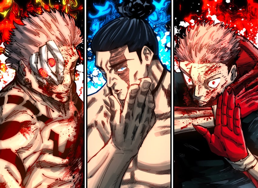 itadori yuuji, ryoumen sukuna, and toudou aoi (jujutsu kaisen) drawn by akutami_gege and jjk_myaa