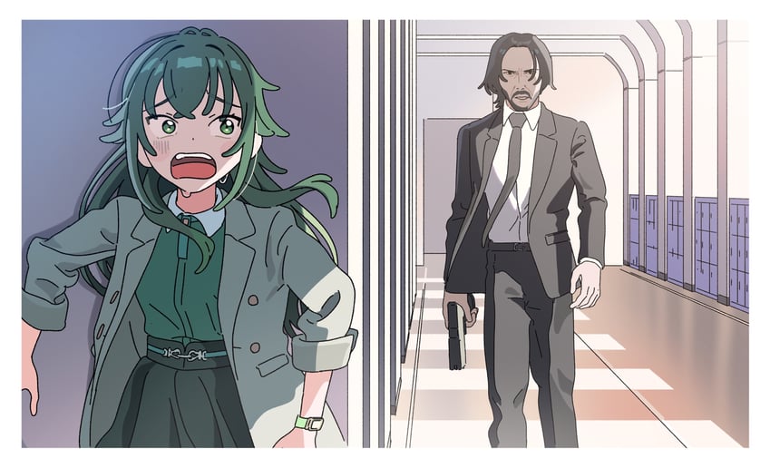 tsukimura temari and john wick (idolmaster and 2 more) drawn by dismal_poop