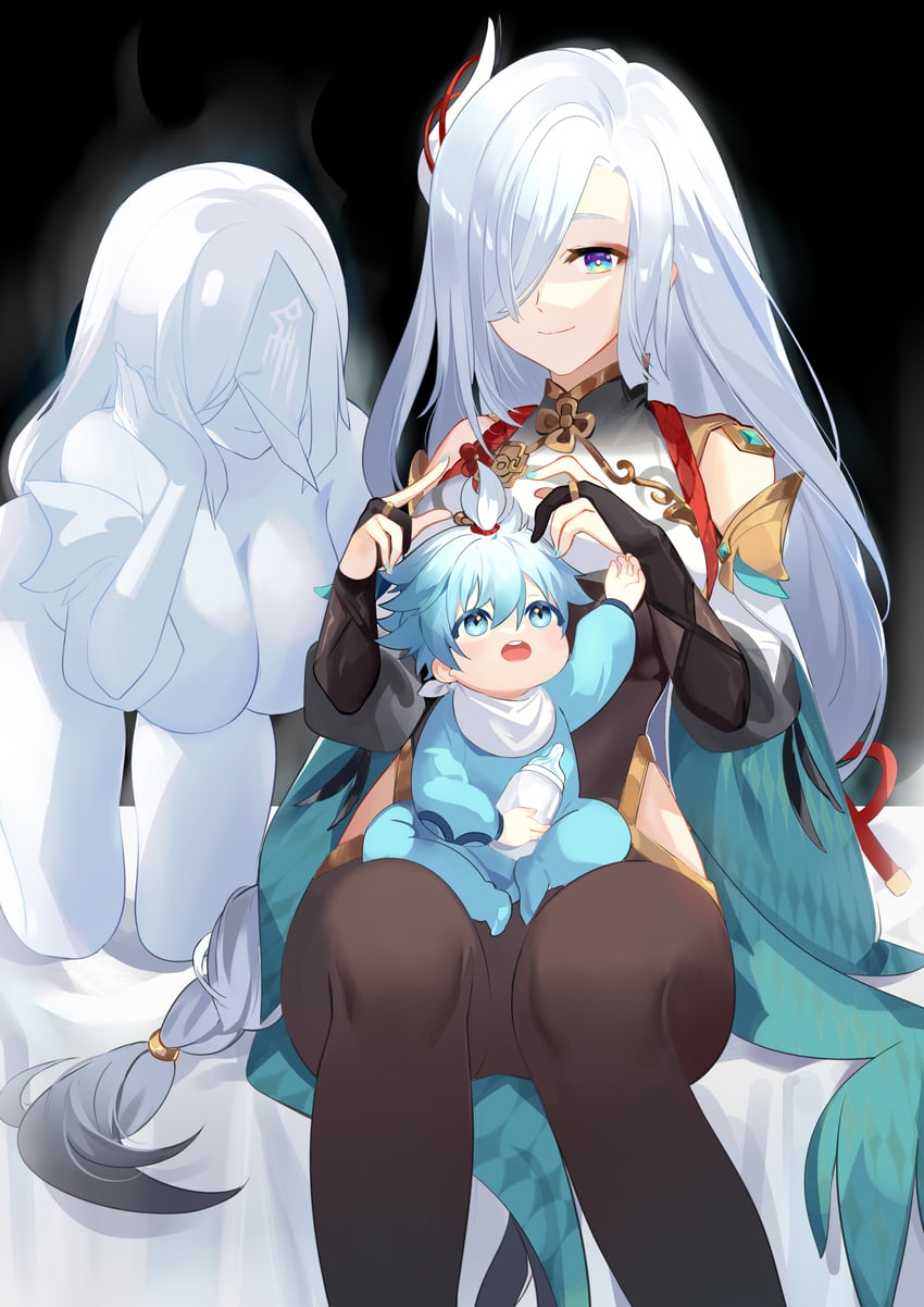 shenhe, chongyun, and shenhe's talisman spirit (genshin impact) drawn by heizhouzi_(nankyoko)