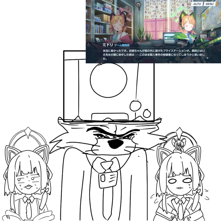 sensei, momoi, midori, tom, and jerry (blue archive and 1 more) drawn by fj_roman