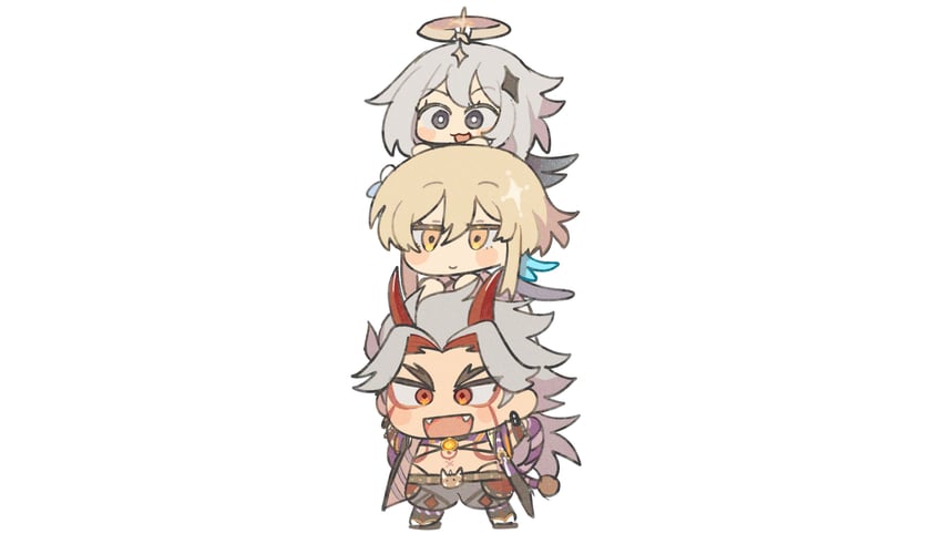 lumine, paimon, and arataki itto (genshin impact) drawn by gnsn_tori