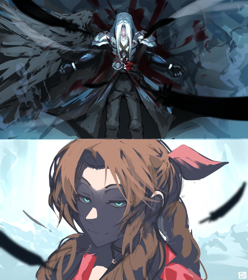 aerith gainsborough and sephiroth (final fantasy and 4 more) drawn by heartbreak_juan