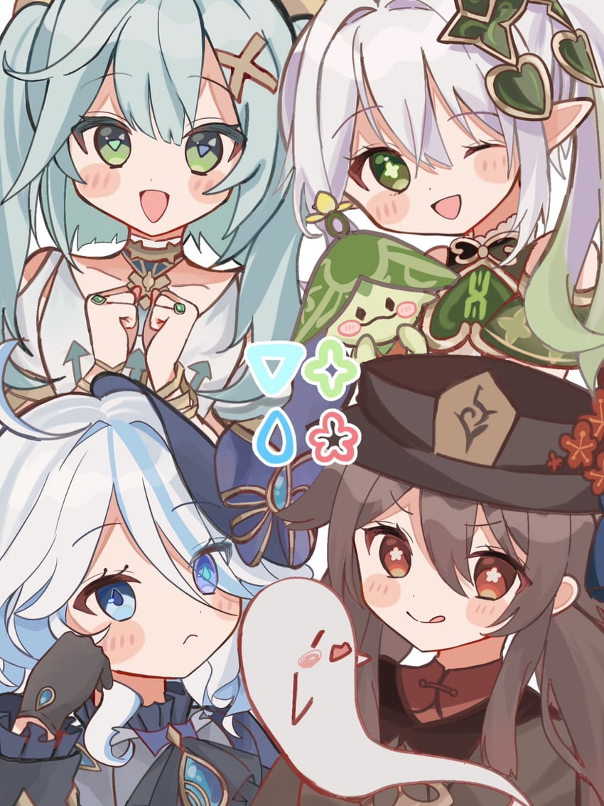 hu tao, furina, nahida, boo tao, aranara, and 2 more (genshin impact) drawn by nana_(tmtn_n)