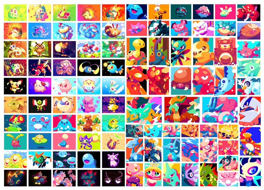 umbreon, espeon, cyndaquil, chikorita, pichu, and 97 more (pokemon) drawn by shichi_(7cube_ori)