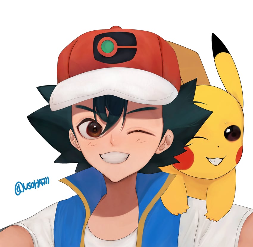 pikachu and ash ketchum (pokemon and 1 more) drawn by usohajii