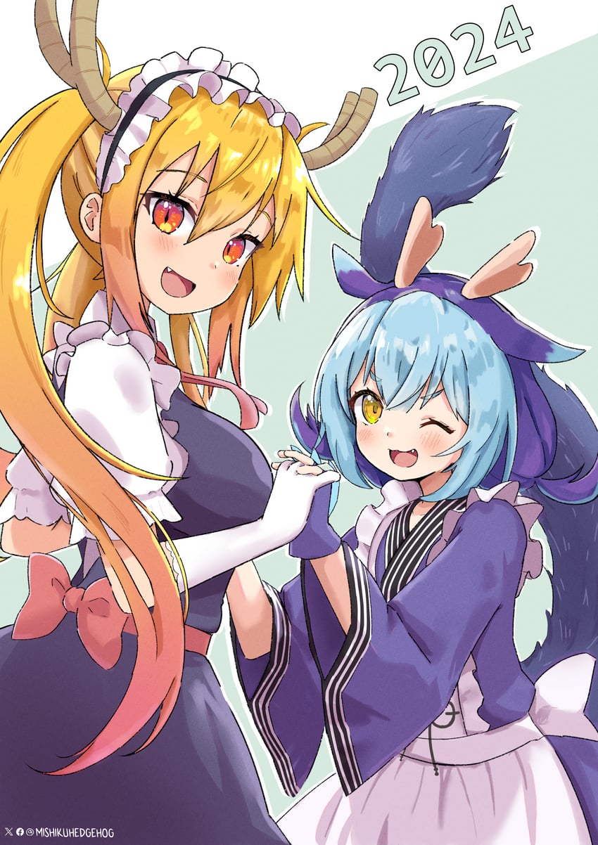 tohru and laundry dragonmaid (yu-gi-oh! and 1 more) drawn by mishiku