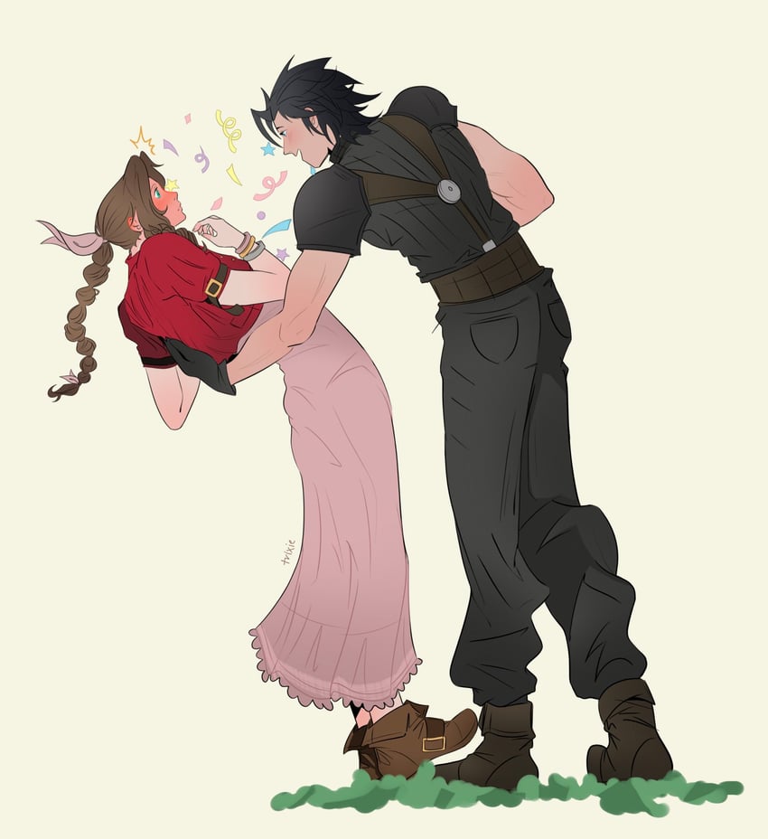 aerith gainsborough and zack fair (final fantasy and 2 more) drawn by trixie_(b1sexualpanic)
