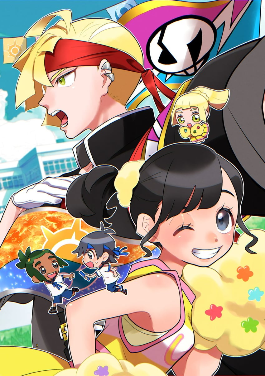 lillie, selene, elio, gladion, and hau (pokemon and 1 more) drawn by aria_pkmn