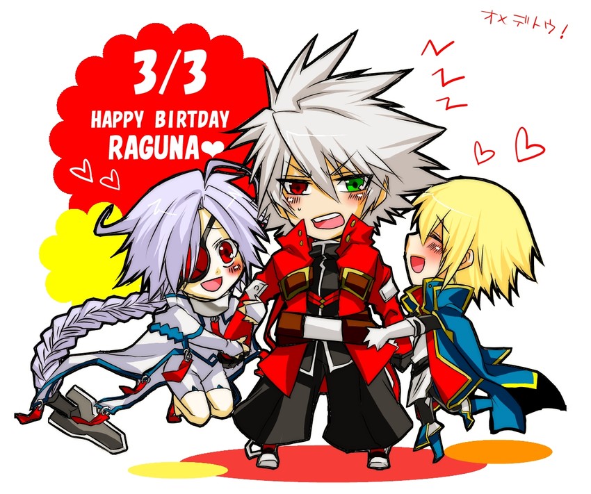 ragna the bloodedge, nu-13, and jin kisaragi (blazblue) drawn by shama