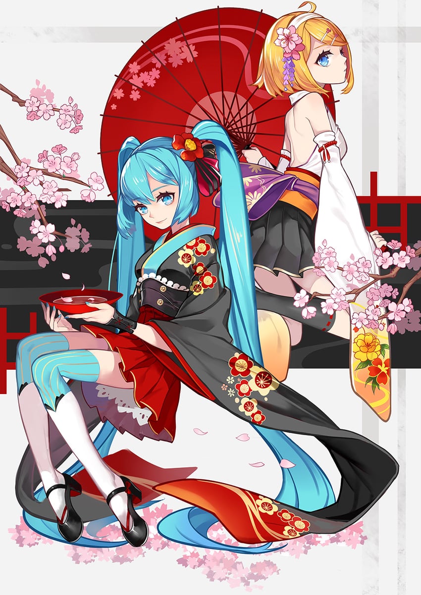 hatsune miku and kagamine rin (vocaloid) drawn by kiradie_(shakamumu)
