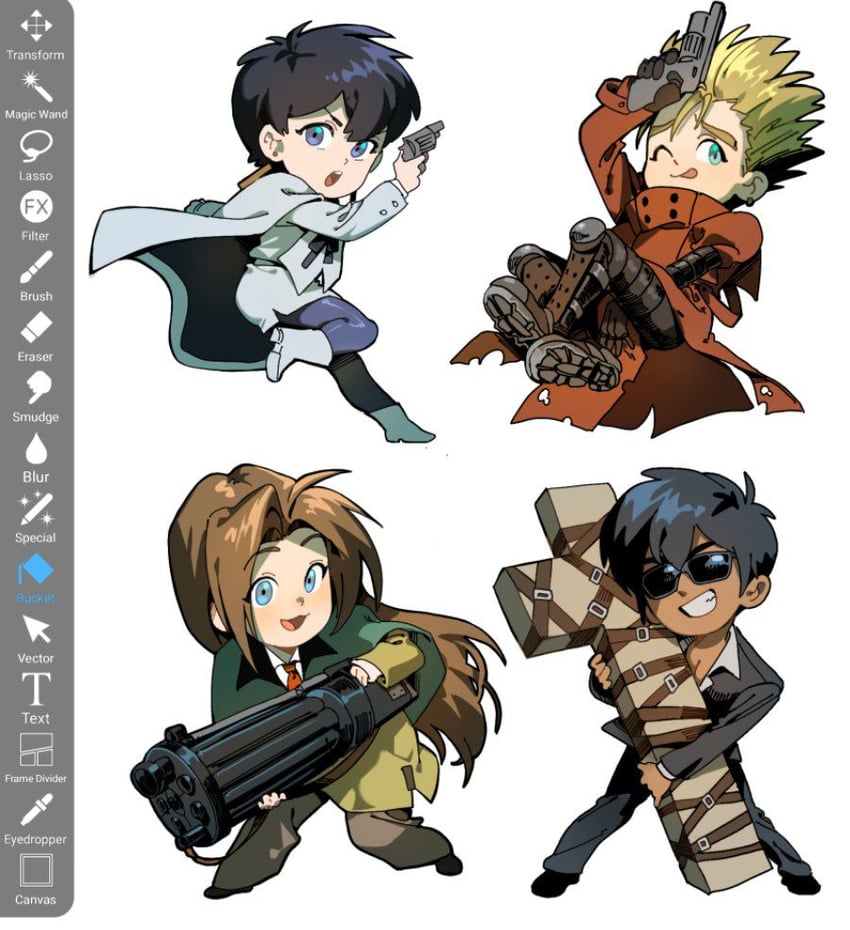 vash the stampede, nicholas d. wolfwood, milly ashford, and meryl stryfe (trigun) drawn by iria_arts