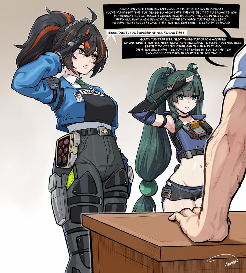 zhu yuan, qingyi, and justin bringer (zenless zone zero) drawn by aldharoku